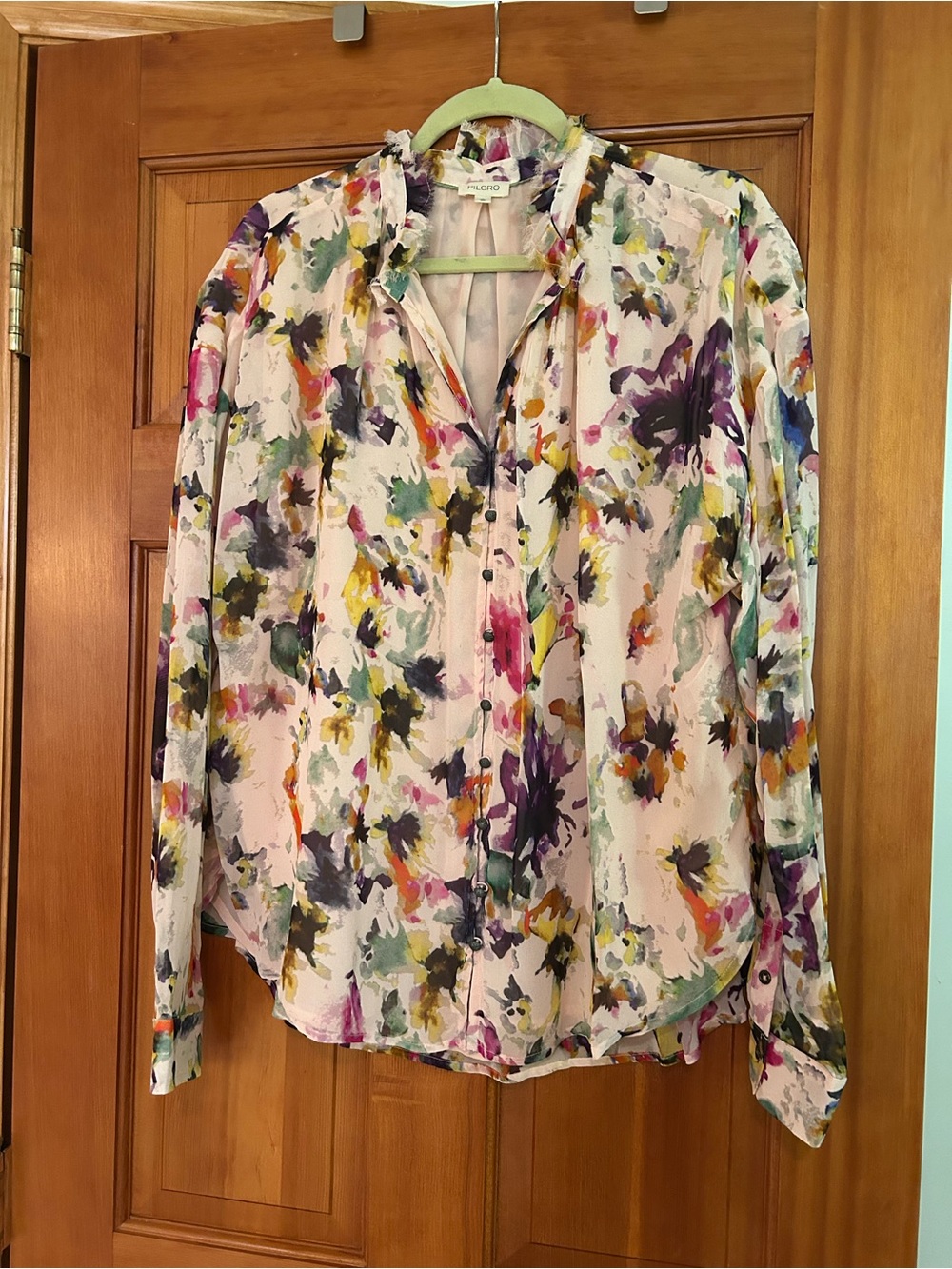 Pilcro Watercolor Floral Button-Up Blouse - Cream, Pink, Purple, Green, Yellow